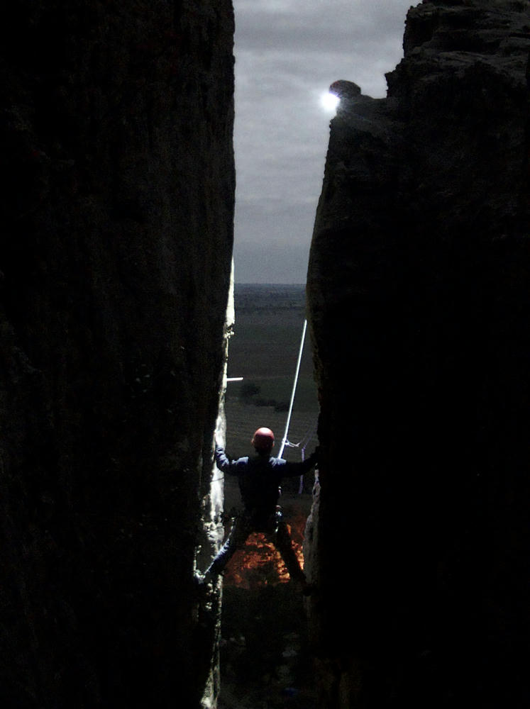 Climbing Agamenmon. A bonfire rages in The
Pines.