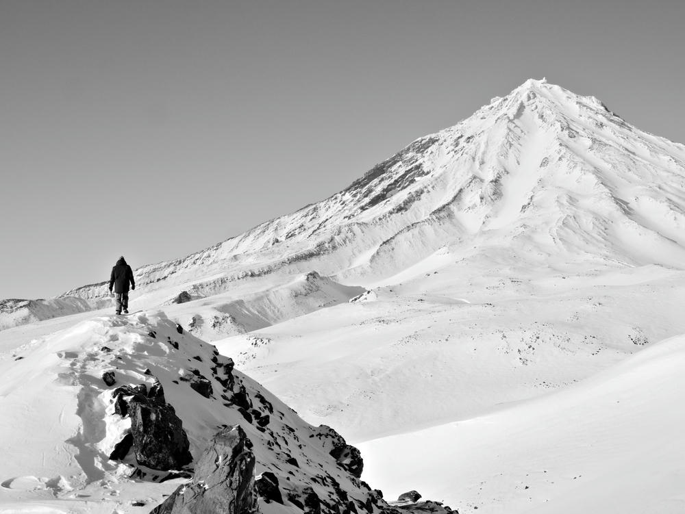 A snowmobile recon trip up to the pass between Avachinsky and Koryaksky, Koryaksky in the background