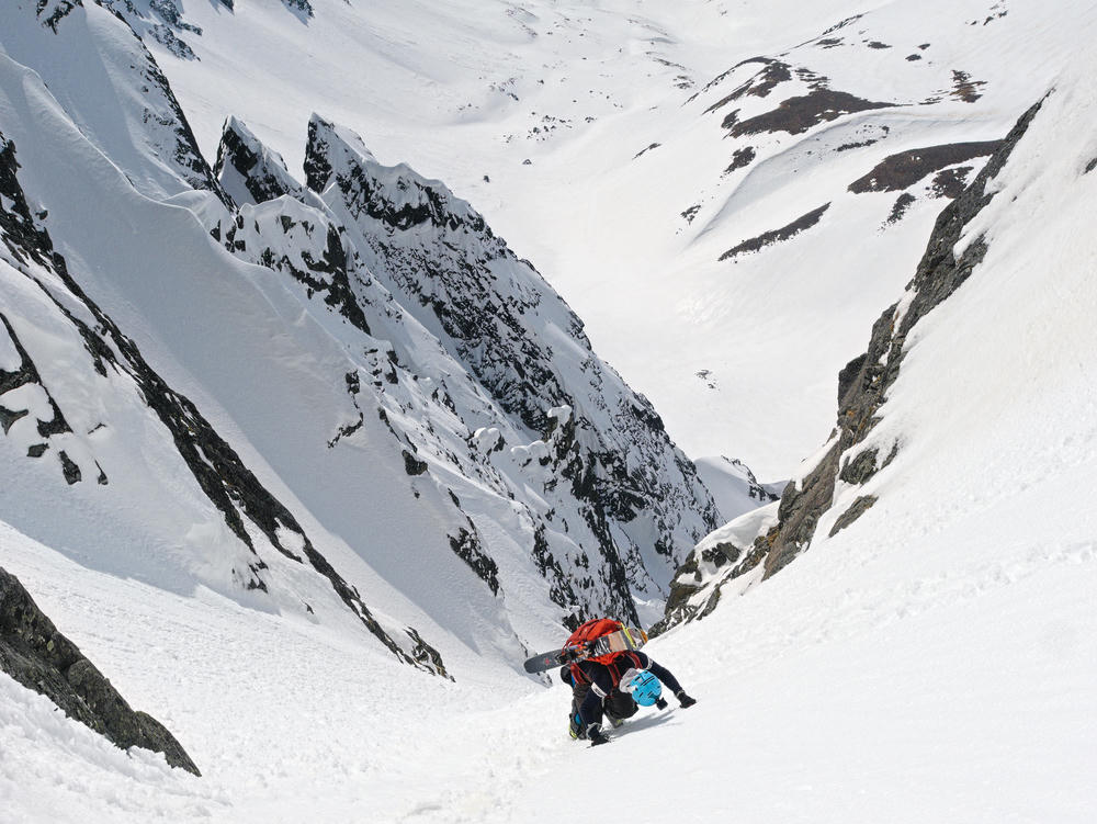 Alexei climbing the final steep section below the saddle